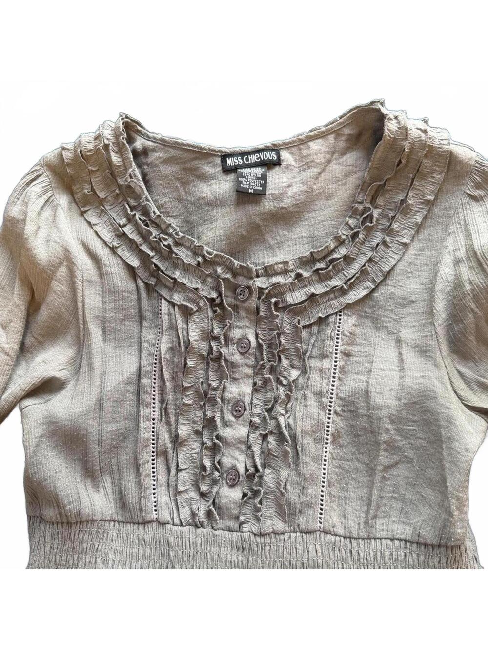 Vtg Miss Chievous grey woven ruffle babydoll blouse . Size M